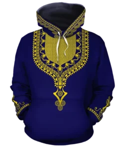 African Hoodie – Dashiki Blue Gold Fleece All-Over Hoodie