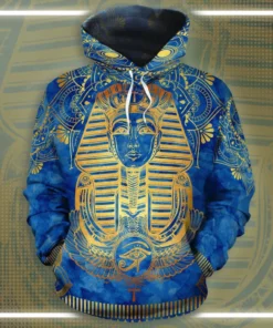 African Hoodie – Egyptian Pharaoh Pattern In Blue Fleece All-over...