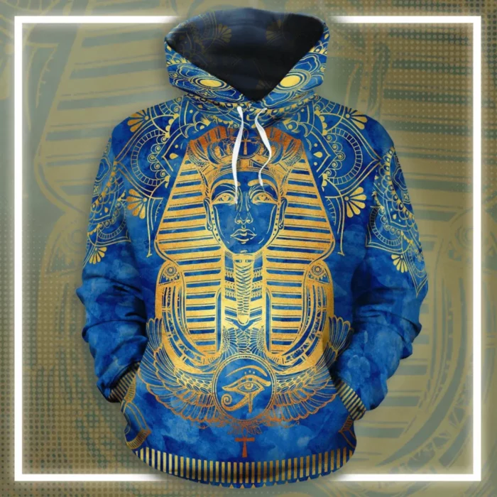 African Hoodie – Egyptian Pharaoh Pattern In Blue Fleece All-over Hoodie