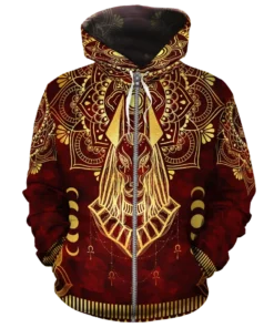 African Hoodie - Anubis Pattern In Red Fleece All-Over Hoodie