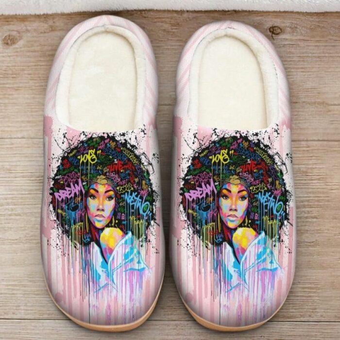 Natural Afro Colorful Word Fleece Slipper