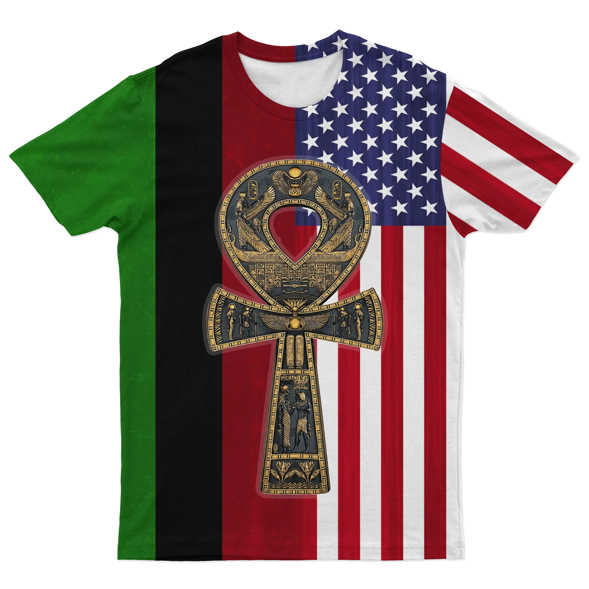 African T-shirt – Ankh Pan African & USA Flag Tee