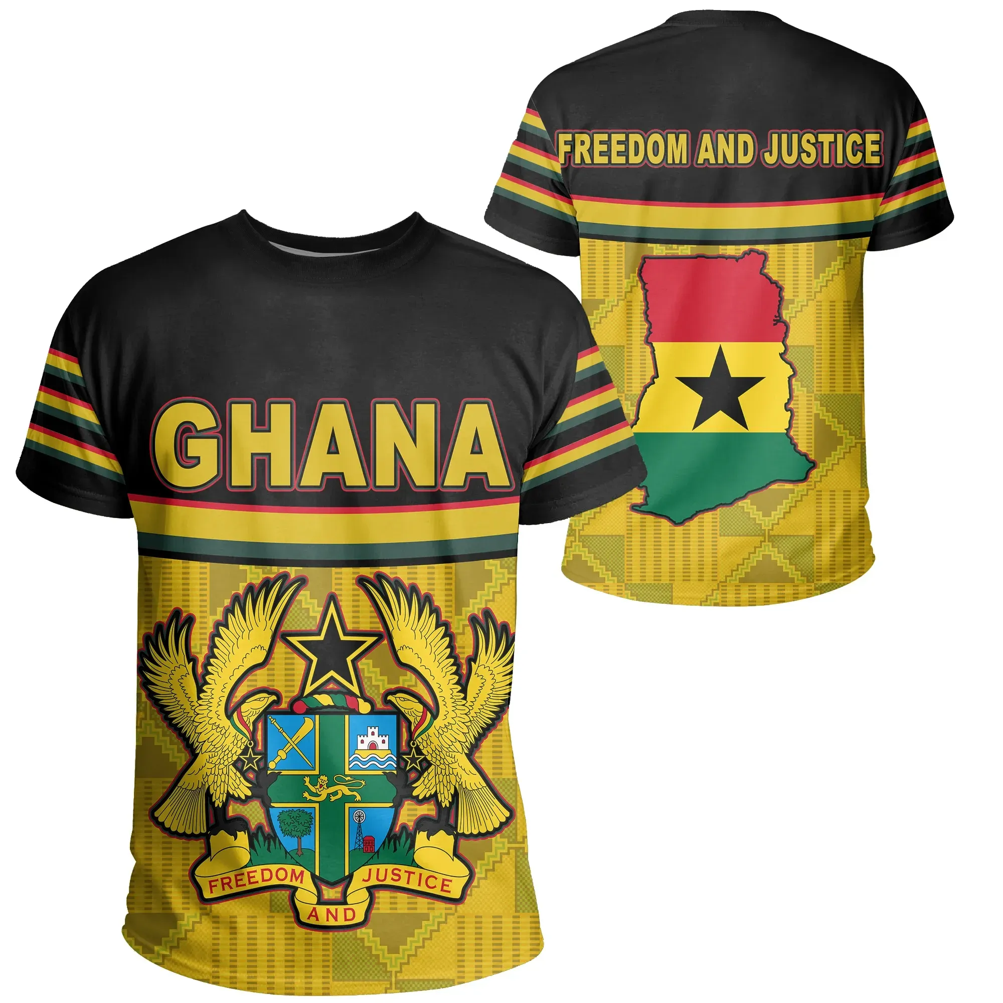 African T-shirt – Ghana Map Kente Coat Of Arms Tee