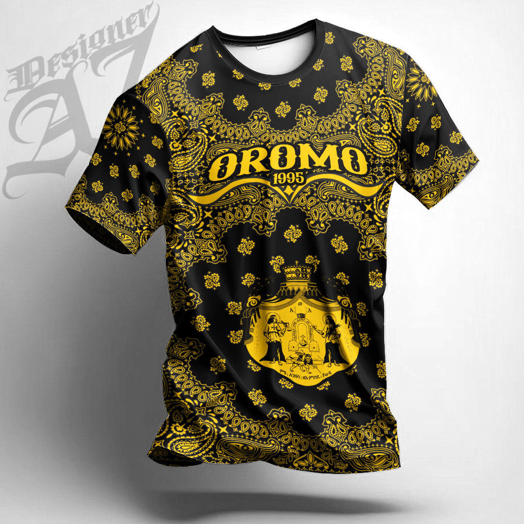 African T-shirt – Oromo Yellow Version Paisley Bandana “Never Out...