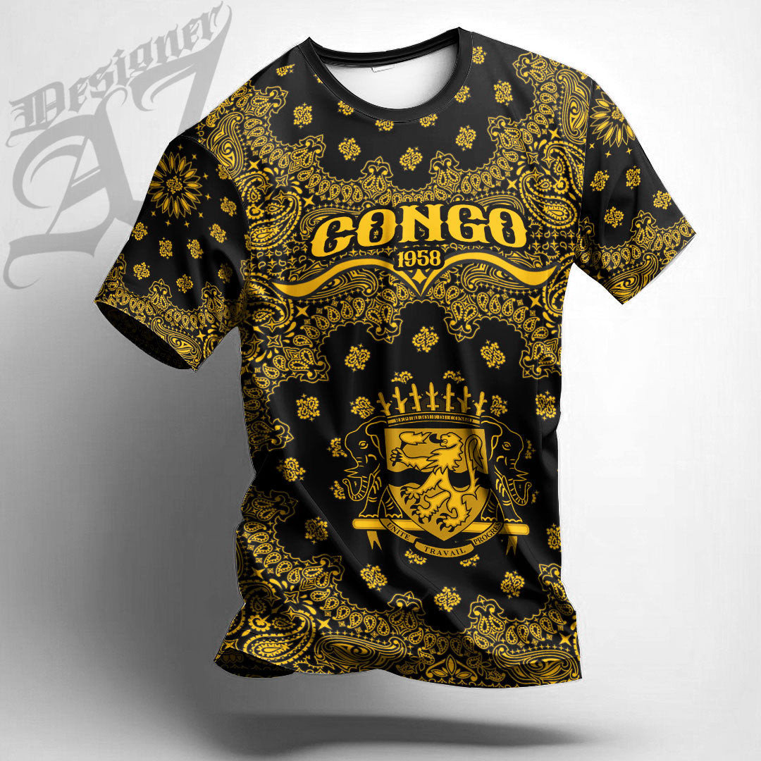 African T-shirt – Republic Of The Congo Paisley Bandana “Never...