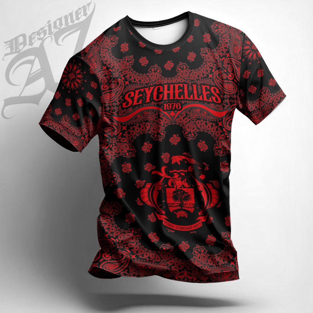 African T-shirt – Seychelles Paisley Bandana “Never Out of Date”...